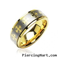 Tungsten Carbide PVD Gold and Brushed Ring with Cross Decorations