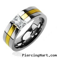 Solid Titanium with Gold Tone with CZ Stone Ring