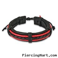 Black Leather Bracelet With Black & 2 Red Braids