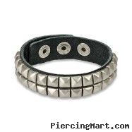 Black Leather Bracelet with Double Row Pyramid Studs