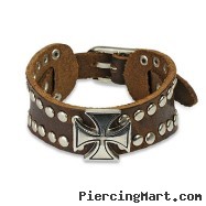 Brown Leather Bracelet With Celtic Cross And Multi Dome Studs