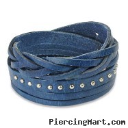 Blue Leather Multi-Wrap Bracelet With Multi Studded Weaved End Design