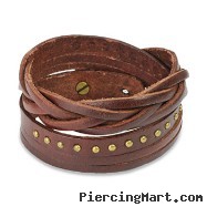 Brown Leather Multi-Wrap Bracelet With Multi Studded Weaved End Design