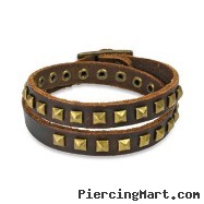 Brown Leather Double Wrap Bracelet With Pyramid Studs