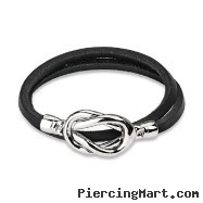 Black Leather Double Loop Bracelet With Steel Knot Closure Design