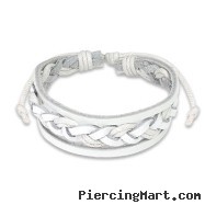 White Leather Bracelet with Double Strings Weaved Center