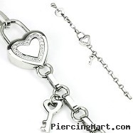 316L Stainless Steel Link Bracelet with Paved Gems Heart Lock and Key Charms