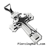 Stainless Steel Double Cross w/ Black Epoxy Gothic Top Cross Pendant