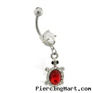 Jeweled belly ring with dangling jeweled turtle with large red gem