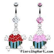 Jeweled belly ring with dangling cupcake and crossbones