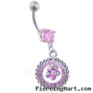 Navel ring with dangling pink jeweled circle with flower