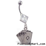 Jeweled diamond shaped belly ring with dangling poker cards