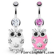 Jeweled belly ring dangling white owl