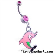 Belly ring with dangling pink cartoon dolphin