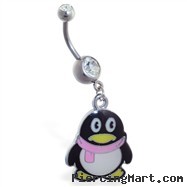 Navel ring with dangling cartoon penguin