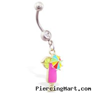 Belly ring with dangling pink drink