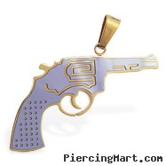 Stainless steel hand gun pendant with gold colored accents