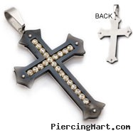 Large stainless steel black colored cross pendant with CZs