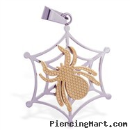 Stainless steel web pendant with gold colored spider