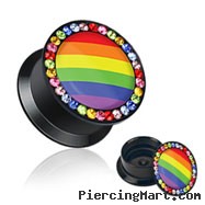 Pair Of Double Flared Acrylic Jeweled Saddle Plugs with Rainbow Striped Center