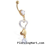 Gold Tone belly ring with dangling hearts and gem