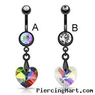Black navel ring with dangling rainbow prism heart
