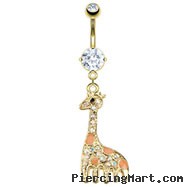 Gold Tone belly ring with dangling jeweled giraffe
