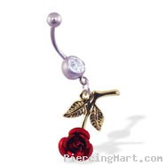 Navel ring with dangling upside down yellow rose
