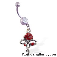 Navel ring with dangling rose with thorny stem