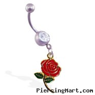 Navel ring with dangling colored rose