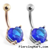 14K Gold belly ring with blue sapphire 8mm CZ heart