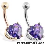 14K Gold belly ring with purple 8mm CZ heart