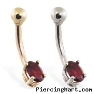 14K Gold belly ring with small dark red oval CZ