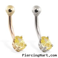 14K Gold belly ring with small yellow oval CZ