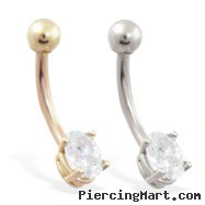 14K Gold belly ring with small clear oval CZ