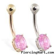 14K Gold belly ring with small pink oval CZ
