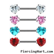 Pair Of Nipple Rings With Jeweled Heart Front-Facing Ends