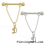 14K Gold nipple ring with dangling cursive initial D, 14 ga