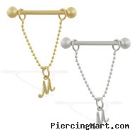 14K Gold nipple ring with dangling cursive initial M, 14 ga