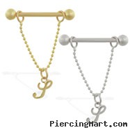 14K Gold gold nipple ring with dangling cursive initial S, 14 ga