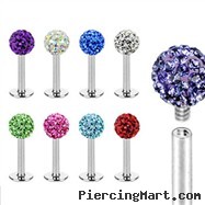 Internally threaded stainless steel labret stud with crystal paved ball, 16 ga