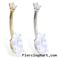 14K Gold belly ring with clear double marquise CZs