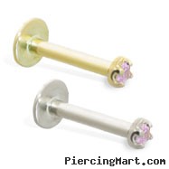14K Gold internally threaded labret with pink 1mm CZ