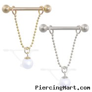 14K Gold nipple ring with dangling white pearl on chain, 14 ga