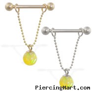 14K Gold nipple ring with dangling yellow opal ball on chain, 14 ga