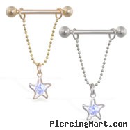 14K Gold nipple ring with dangling star on chain, 14 ga