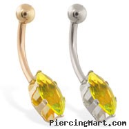 14K Gold belly ring with long yellow marquise CZ