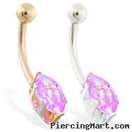 14K Gold belly ring with long pink marquise CZ