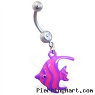 Navel ring with dangling pink and purple fish