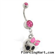 Navel ring with dangling girly skull with bow